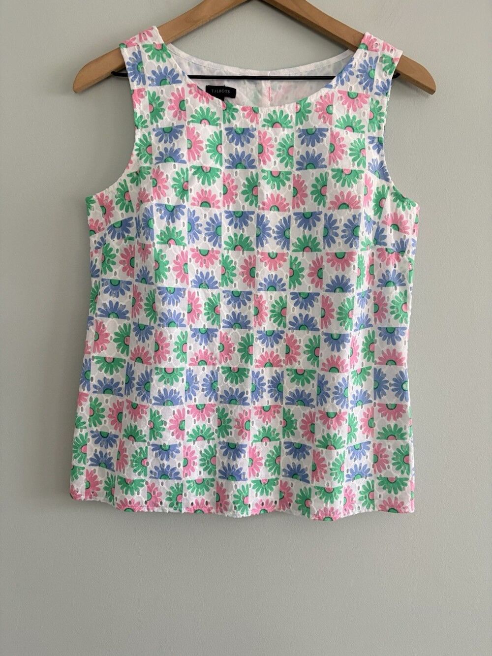 Talbots Floral Eyelet Top Sleeveless Pink Green Blue Button Back Side Zipper XS